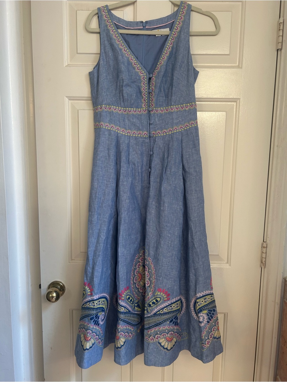 Boden Jemima Dress Size 4 Blue Embroidered Linen Paisley Summer Sleeveless - Picture 2 of 7